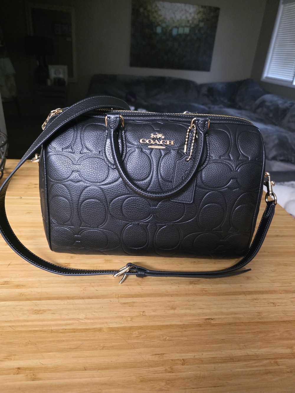 COACH Black Embossed Leather Satchel with Gold Hardware